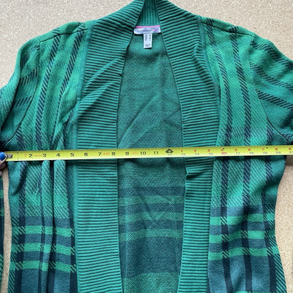 Isaac Mizrahi Live Cardigan Duster Women Medium Green Plaid Jacquard Open Front - Picture 5 of 8